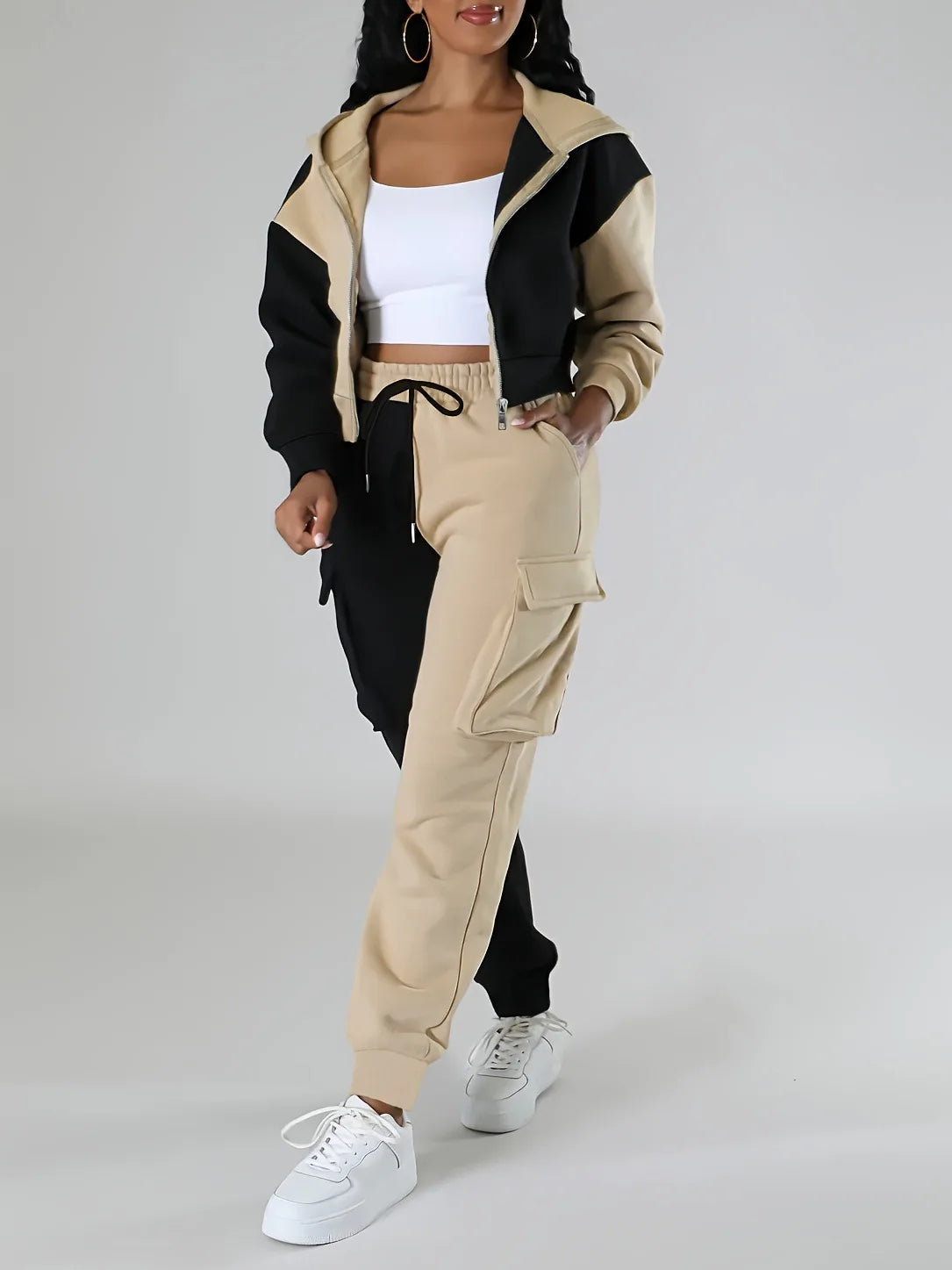 Women Loose Autumn Winter Two Pieces Suit Matching Sets Hoodie Tracksuit Blocked Zipper Short Outerwear Drawstring Cargo Pants.