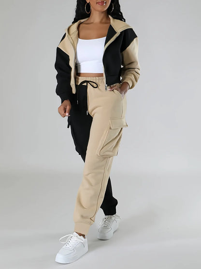 Women Loose Autumn Winter Two Pieces Suit Matching Sets Hoodie Tracksuit Blocked Zipper Short Outerwear Drawstring Cargo Pants.