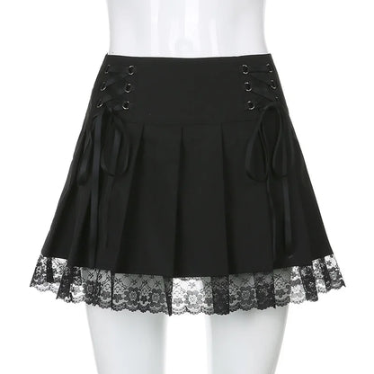 Girl Retro Pleated Skirt Lace Up High Waist Plaid Mesh Stitching Hem Y2K Aesthetic Gothic Black Mini Skirts Bodycon.