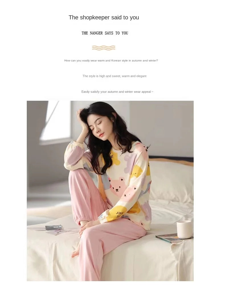 Gebündelte Füße Pyjama Frauen Frühling Herbst Langarm Terylen Baumwolle Frauen Herbst-Winter Plus-Size-Freizeit Herbst Home Wear Set.