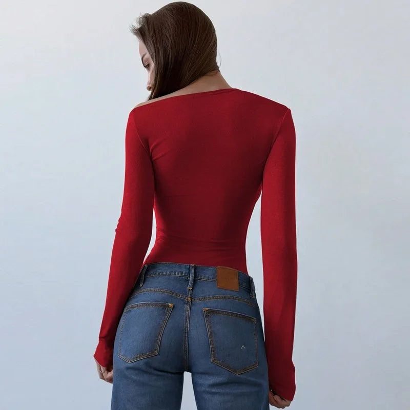 Blifanbo Oblique Shoulder Long Sleeve Tops For Women Metal Buckle Slim Fit Sexy Solid Color Bodycon Fashion BasicTop Streetwear.