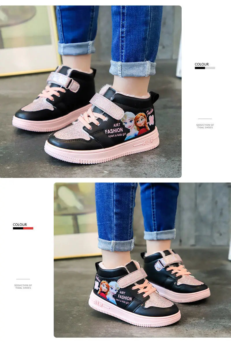 Disney Children Winter Ankle Snow Boots Cartoon Princess Elsa Frozen Pink Casual Shoes For Girls Warm Outdoor Shoes Size 26-37.