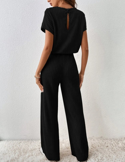 Two Piece Pant Sets Women Straight Pants Tops Pullover Short Sleeve Round Neck Spliced Top Solid Casual Streetwear Summer