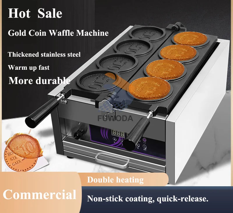 4pcs Non-stick Coating Gold Coin Waffle Machine Korean 10 Won Gold Coin Waffle Maker Machine 3000W Round Coin Cake Machine.