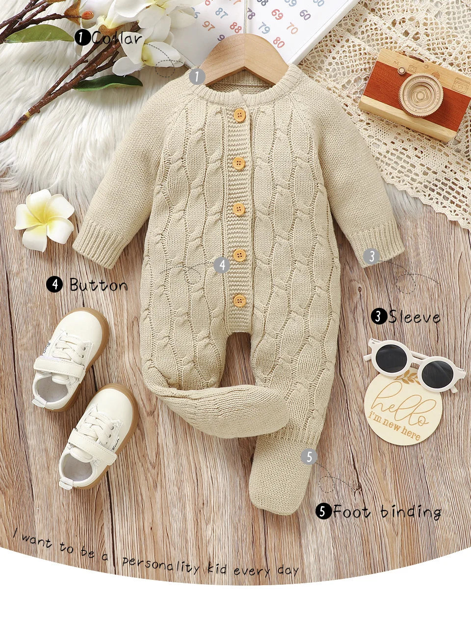 Winter Baby Jungen Strampler Kleidung Beige Rundhals Volle Hülse Gestrickte Neugeborenen Pullover Overalls Einteilige Kleinkind Outfits.