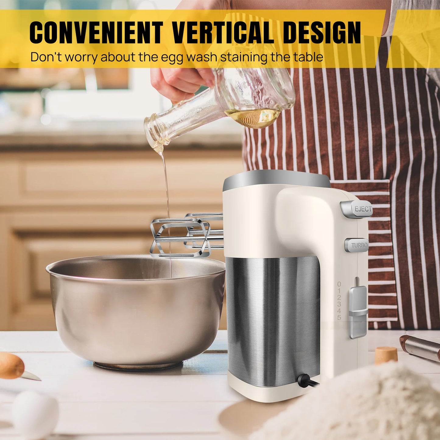 DayPlus Hand Mixer Electric,1500W Kitchen Mixers Turbo Boost/Self-Control ,5 Speed+Eject Button For Easy Whipping Dough,Cream.