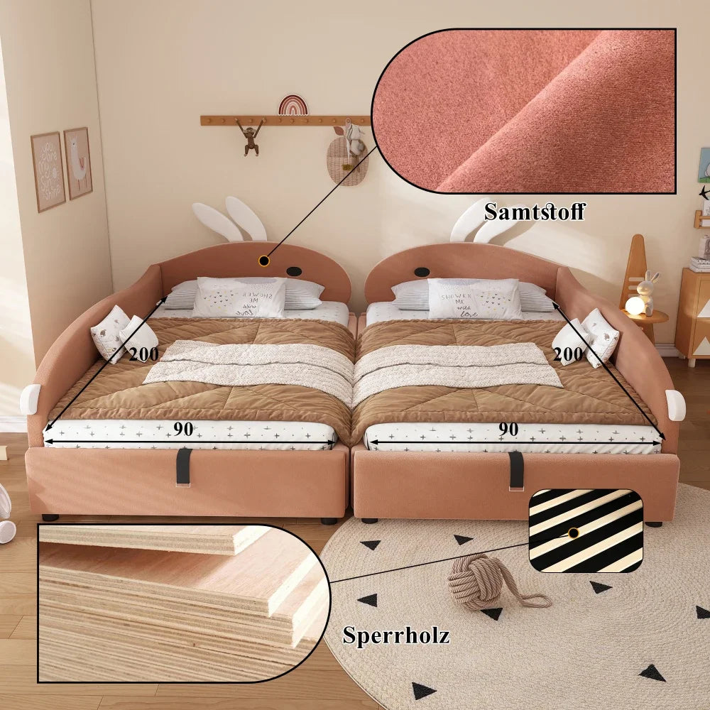 Polsterbett, Einzelbett, Babybett, niedlicher Hasenkopf, hydraulisches Bett mit Stauraum, erhöhter weicher Zaun, Samt, rosa + weiß, 90 x 200 cm
