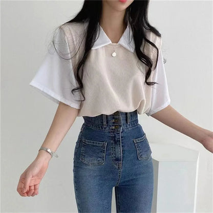 Summer Blouse Women Korean Style False Two-piece Polo Collar Blouses Y2k Tops Streetwear Loose Youth Pullovers Elegant Shirt.
