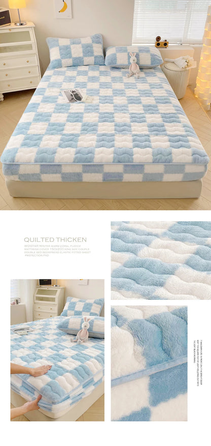 WOSTAR Winter warm coral fleece mattress protector cover fluffy plush plaid print elastic fitted sheet bed protection pad 90x200.