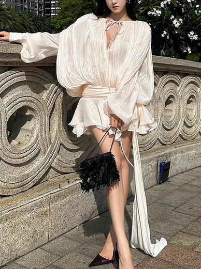 GALCAUR Solide Lose Splicd Lace Up Kleider Für Frauen V-ausschnitt Mit Langen Ärmeln Patchwork Rüschen Tunika Kleider Weibliche Mode Neue.