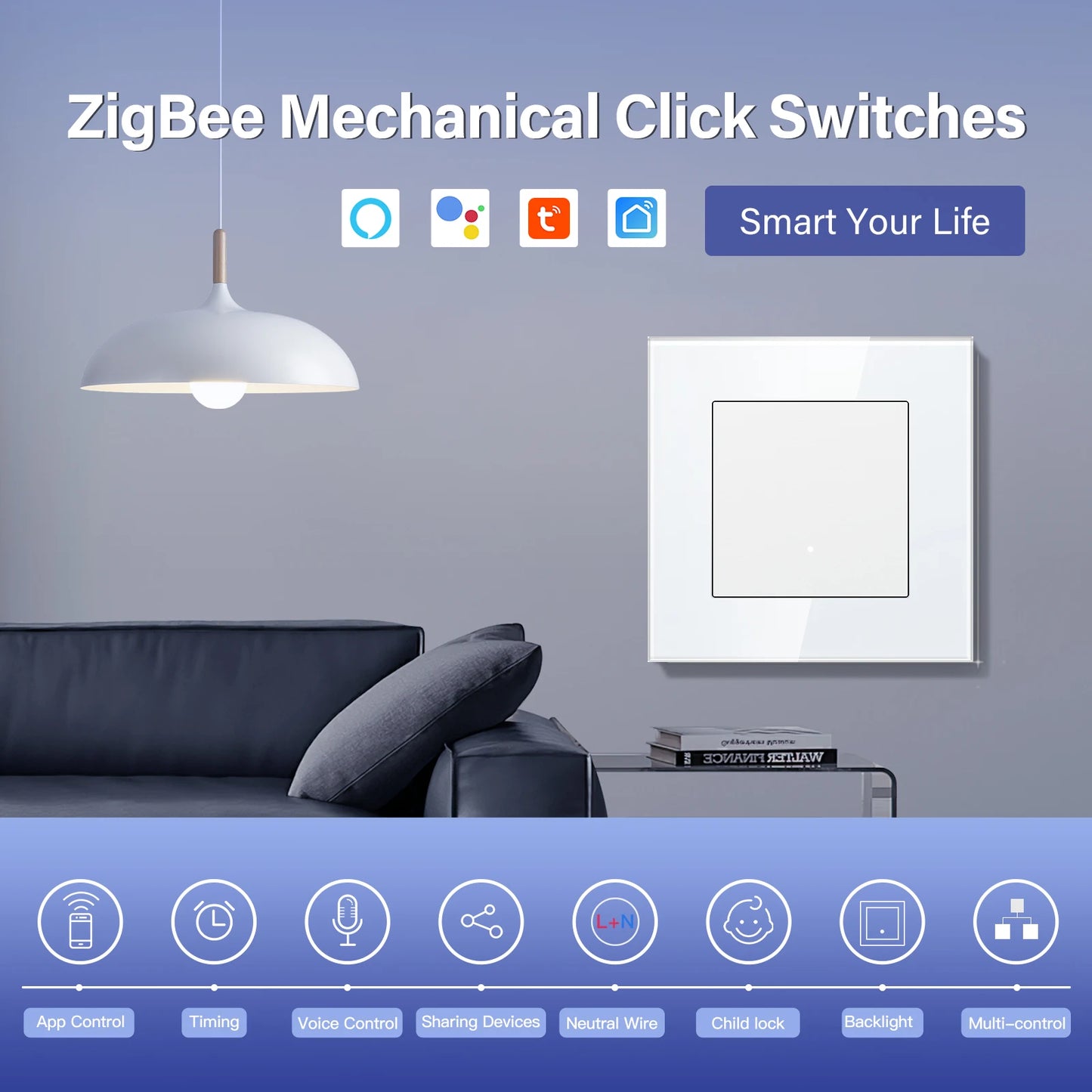 BSEED Zigbee Click Wandschalter Serie Intelligente Lichtschalter Gelbe Hintergrundbeleuchtung Glasrahmen Tuya-Schalter EU-Wandsteckdose USBC-Anschluss.