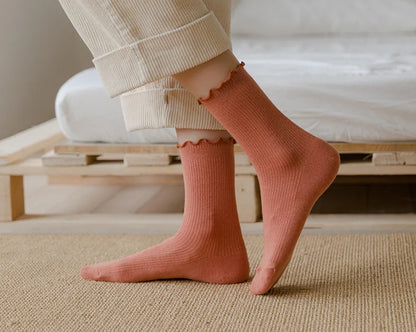 5 Pairs of Women's Solid Color Cotton Socks Japanese Style Ruffle Stacked Socks Cute Laciness Women's Long Socks