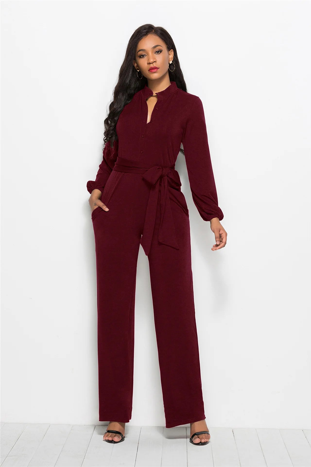 Temperament Solid Color Slim Jumpsuits Women Fashion Long Sleeve Buttons High Waist Leace-up Jumpsuit Ladies Commuting Clothing.