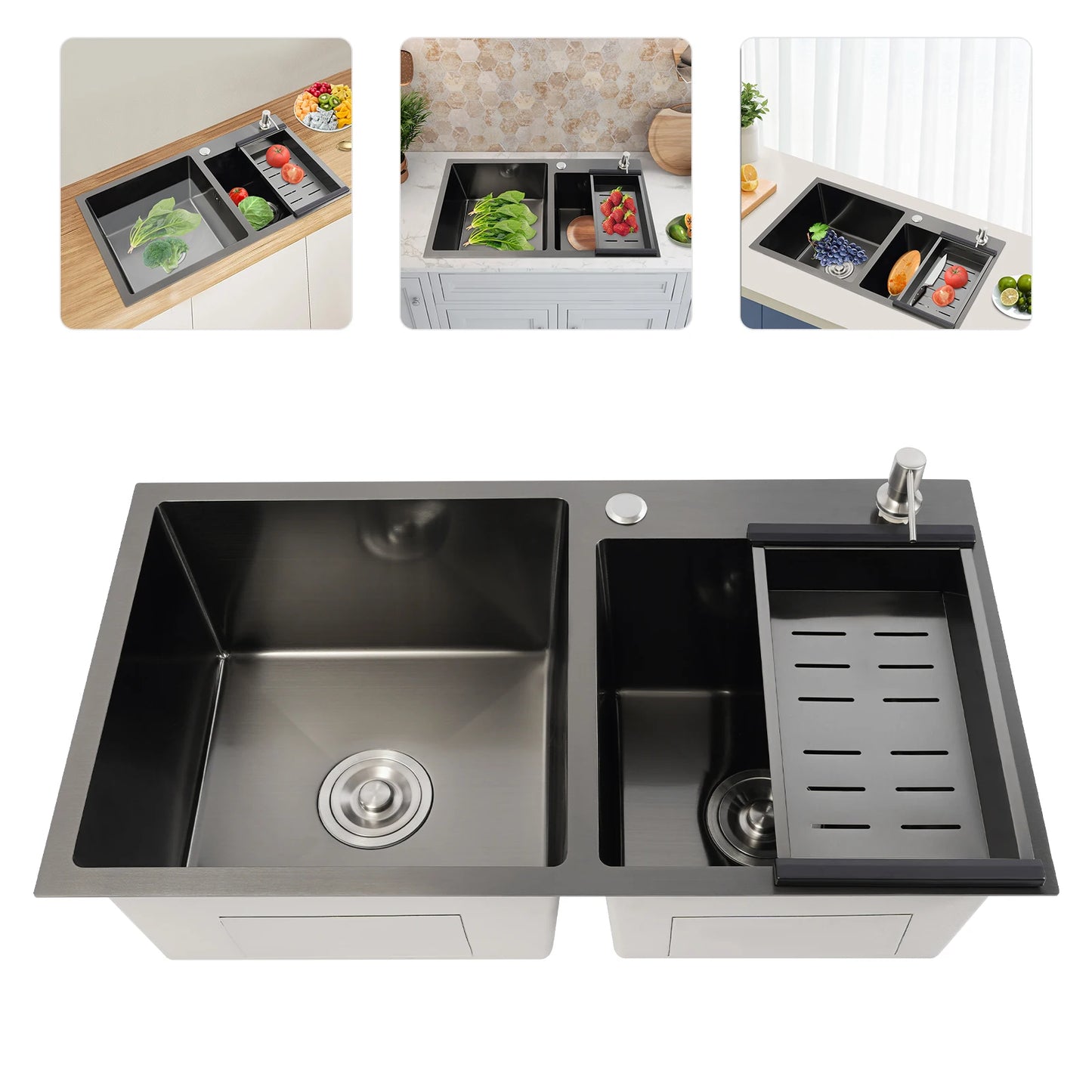 Schwarze Spüle aus Edelstahl 304, Doppelschüssel-Küchenspüle mit Seifenspender und Abflusskorb, großes Spülbecken