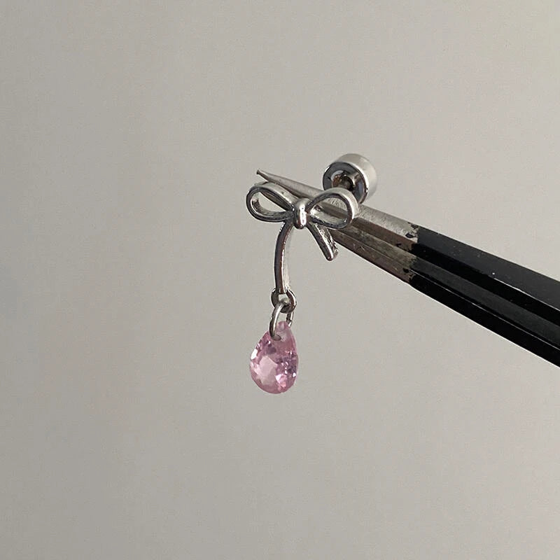Cute Pink Zircon Cat Stainless Steel Ear Bone Nail Water Droplet Pendant Small Earrings for Women Cochlear Puncture Accessory.