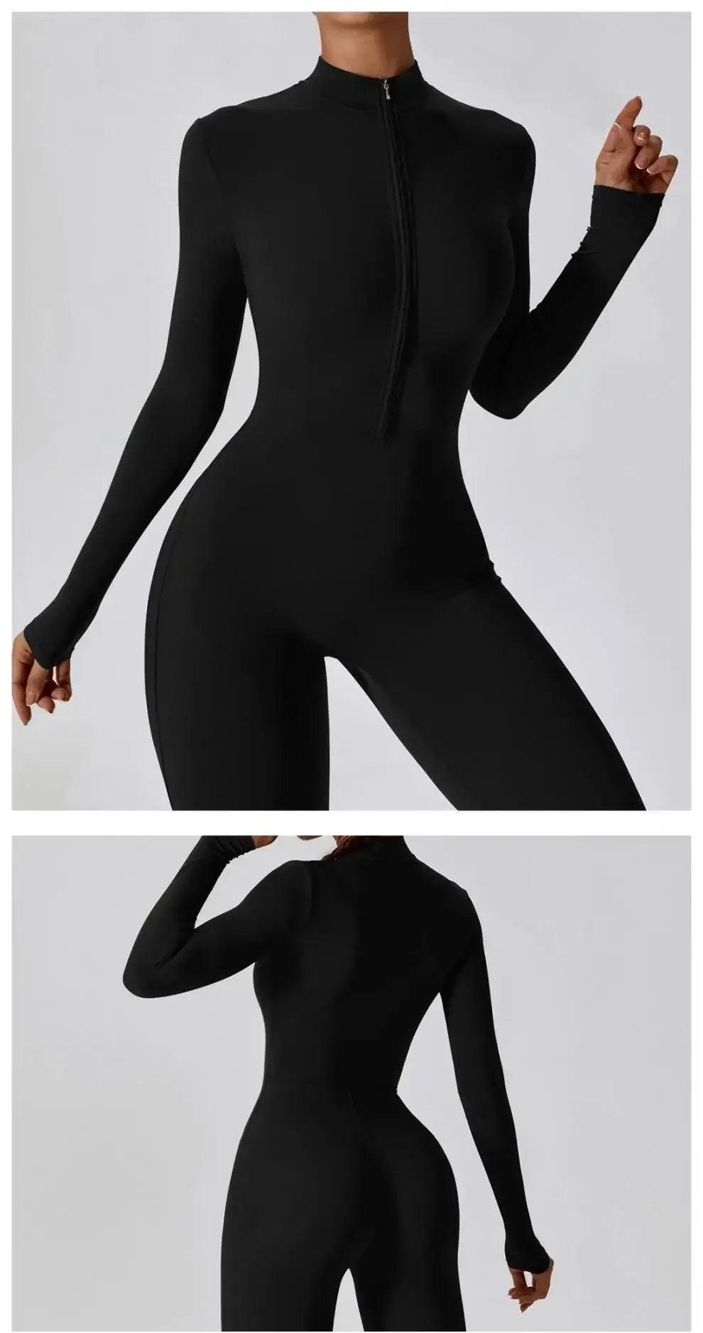 Fall New Long Sleeve Zipper Tight Butt Show Fitness Pants Women Running Sports Training Yoga Clothes Black One-Piece Suit.