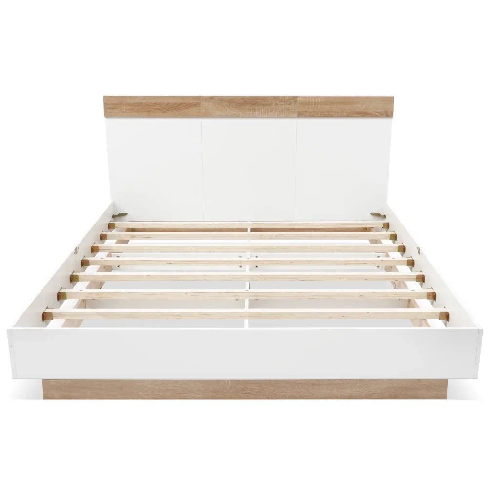 Doppelbett, Holzbett, schwebendes Bett mit Kopfteil des Bettrahmens und Lattenrost, 205 x 144 x 90,5 cm, Set in Eiche Sonoma/Weiß (ohne Matratze)