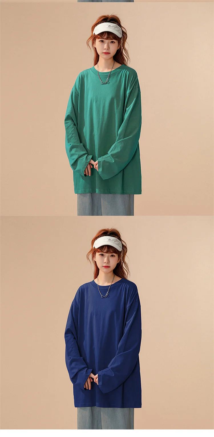 COUTUDI-Oversized T-Shirt for Women, Loose Pullover,Long Sleeve, Casual 100% Cotton Tee Shirt, Lady Tops, Korean Streetwears.