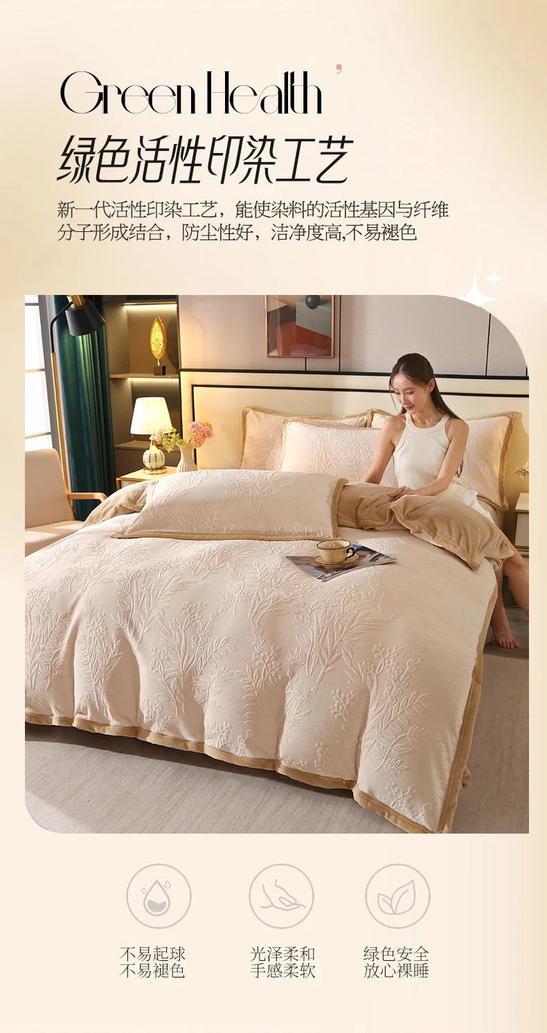 2025 new light luxury high gram weight carved fleece milk fleece bed sheet four-piece set thickened warm bedding winter.