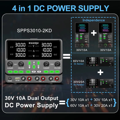KUAIQU Newest 30V10A Dual Channel Bench Power Supply 3-Way Series-Parallel Output Overvoltage Overcurrent Protection Laboratory.