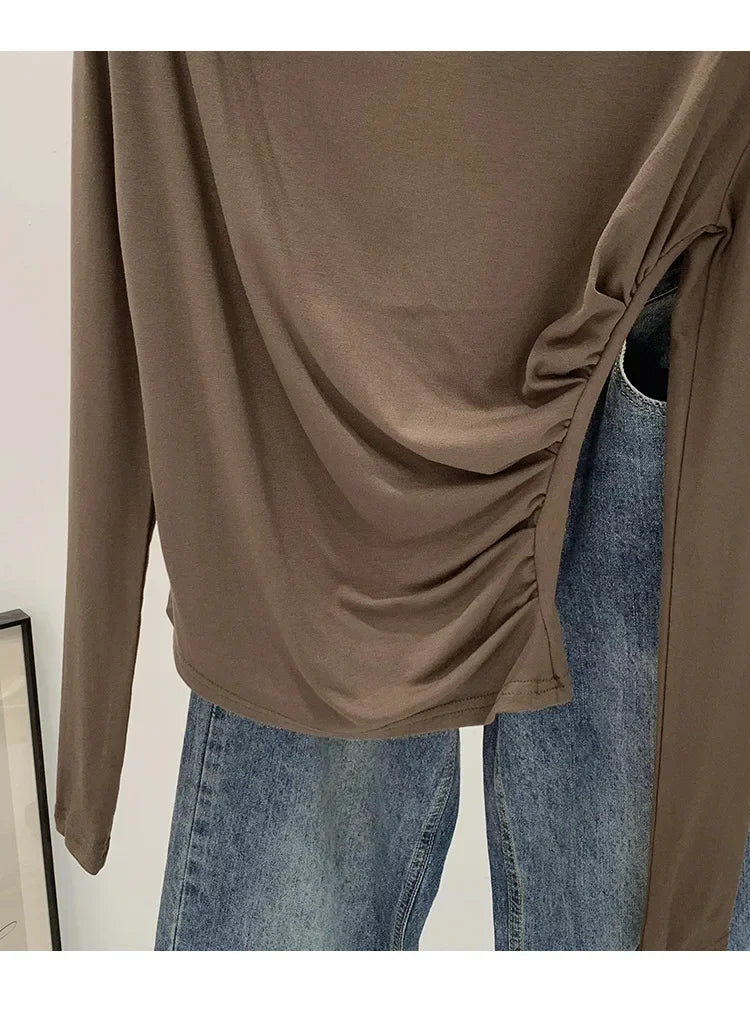 Early Autumn Pure Color High Neck Pleated Slim Fit Sexy Base Shirt Women's Fashionable Crew Neck T-shirt Full Sleeve China Origi