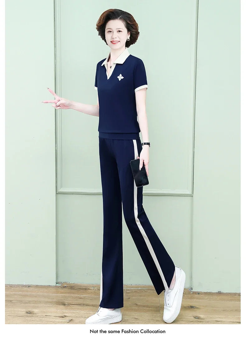Casual Breathable Short Sleeve Sportswear Set for Middle-Aged Mothers Fashionable Summer Clothing Grandmother Style