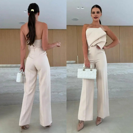 Neck-lengthening Jumpsuit Elegant Women's Strapless Jumpsuit Stylish Off Shoulder Romper with High Waist Wide Leg Chic for Women.