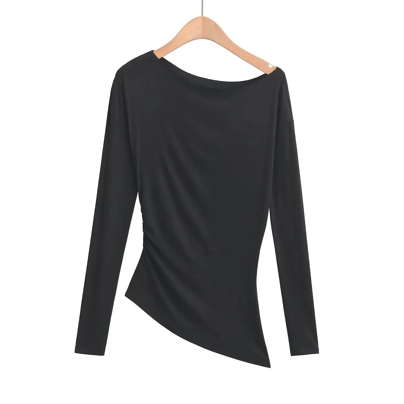 Long Sleeve One Shoulder T-Shirt Zhang Lu Si Spicy Girl Pleated Slimming Versatile Top Cotton Made in China Full Sleeve.