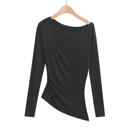 Long Sleeve One Shoulder T-Shirt Zhang Lu Si Spicy Girl Pleated Slimming Versatile Top Cotton Made in China Full Sleeve.