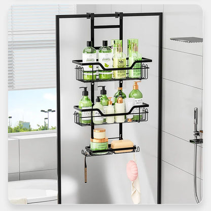 Bohrfreies Badezimmerregal über der Tür, hängender Organizer, wandmontiertes Korbregal, mehrschichtiges Duschraum-Aufbewahrungsregal für Toilette