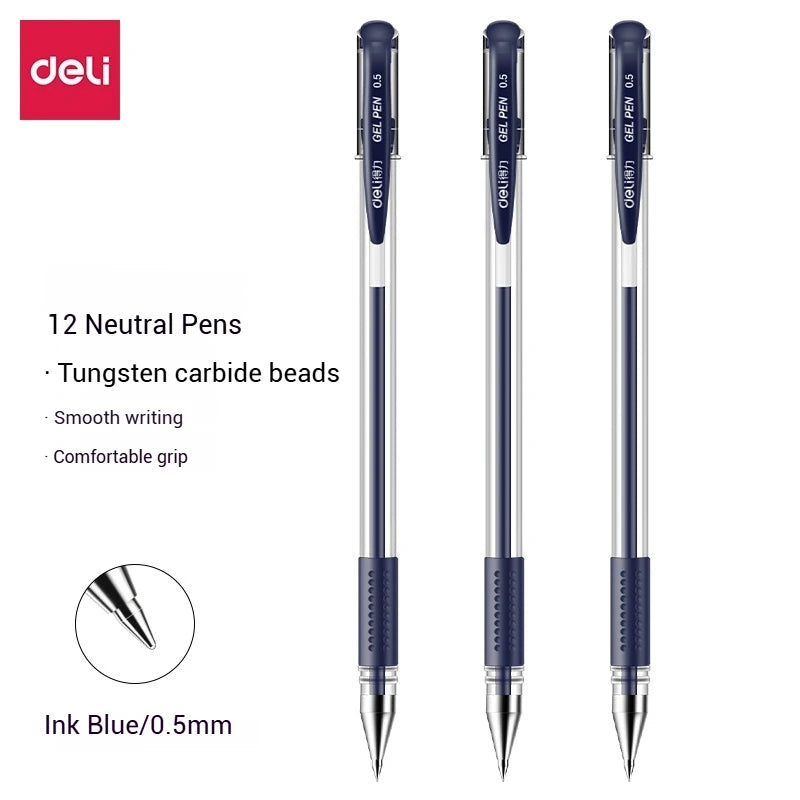 Deli 12er-Pack Gelschreiber-Set, 0,5 mm Kugelschreiber, Schwarz, Blau, Rot, Tintenfarben, Schreibutensilien für Schule, Büro, Schreibwaren.