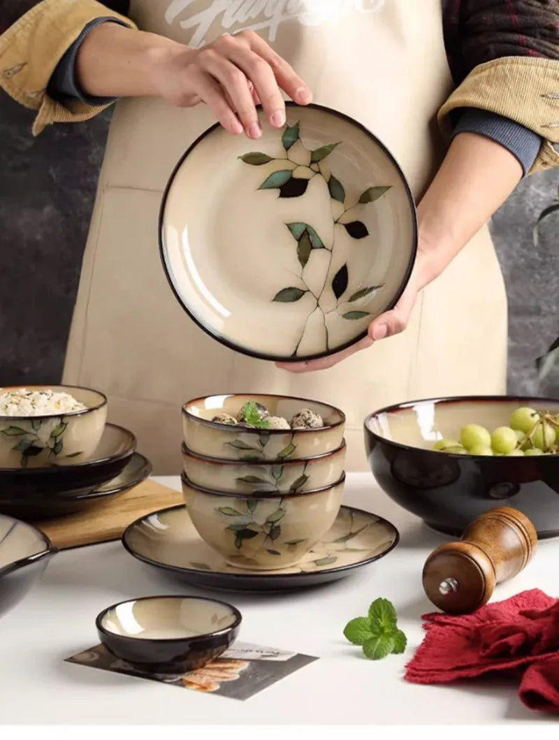 1Pc Vintage Bamboo Leaf Ceramic Bowl Salad Plate Exquisite Ceramic Cutlery Household Noodle Bowl Western Steak Cake Sushi Plate.