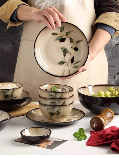 1Pc Vintage Bamboo Leaf Ceramic Bowl Salad Plate Exquisite Ceramic Cutlery Household Noodle Bowl Western Steak Cake Sushi Plate.