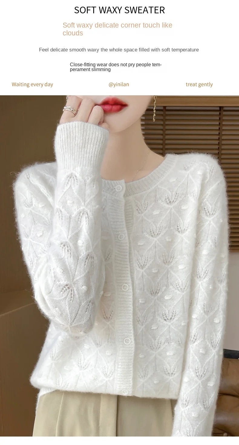 2024 Autumn And Winter New Round Neck Hollowed Out 100 Wool Knitted Cardigan Women's Versatile Coat Loose Casual Sweater DMR281.