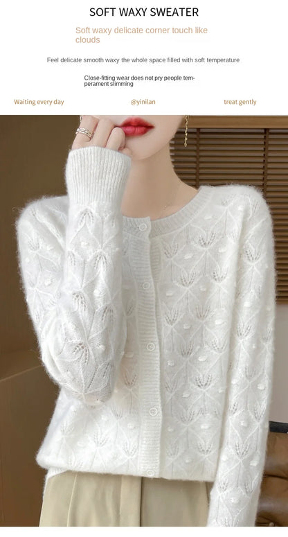 2024 Autumn And Winter New Round Neck Hollowed Out 100 Wool Knitted Cardigan Women's Versatile Coat Loose Casual Sweater DMR281.