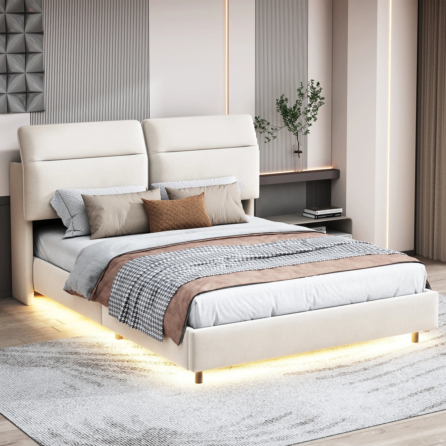 Creahappy – Weich gepolstertes Doppelbett – mit faltbarem, verstellbarem Kopfteil – hydraulischer Stangenbettrahmen – LED-Streifenbeleuchtung unter dem Bett