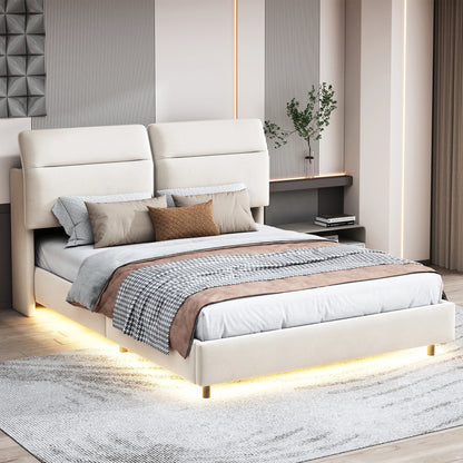 Creahappy – Weich gepolstertes Doppelbett – mit faltbarem, verstellbarem Kopfteil – hydraulischer Stangenbettrahmen – LED-Streifenbeleuchtung unter dem Bett