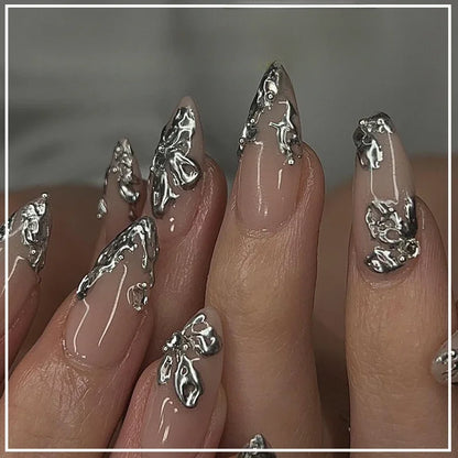 24Pcs False Nails Spicy Girl Silver Bow with Diamond Fake Nails with Glue Almond Press on Nails Black Cool Y2k Almond Nail Set