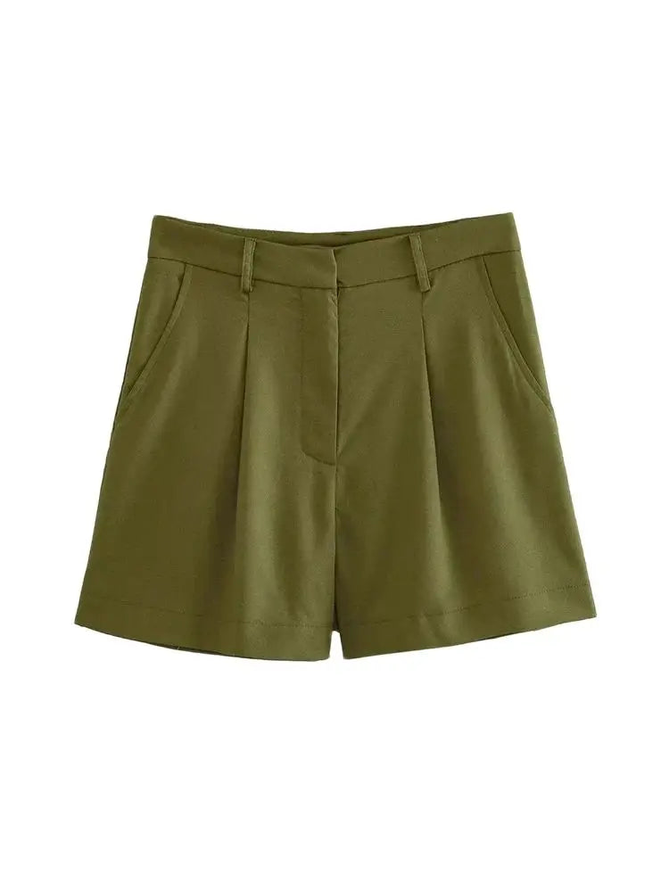 Women Fashion With Pockets Front Pleats Linen Blend Shorts Vintage High Waist Zipper Fly Female Short Pants Mujer.