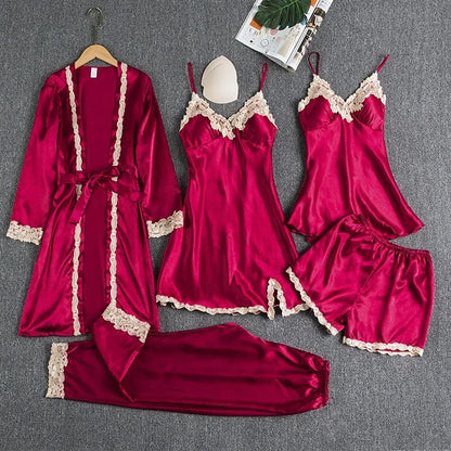 5-teiliges Set Damen-Nachtwäsche, sexy Seiden-Nachthemd, Spitzen-Satin-Nachthemd, Weste mit V-Ausschnitt, atmungsaktiv, bequemes Damen-Nachthemd
