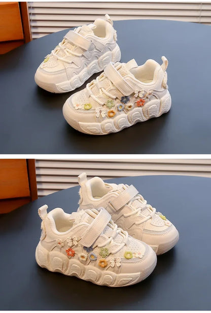 Kids Princess Shoes Thick Soft Sole Trendy Girls Sports Shoes Sweet Embroided 2024 New Fashion Children Sneakers with Flowers.
