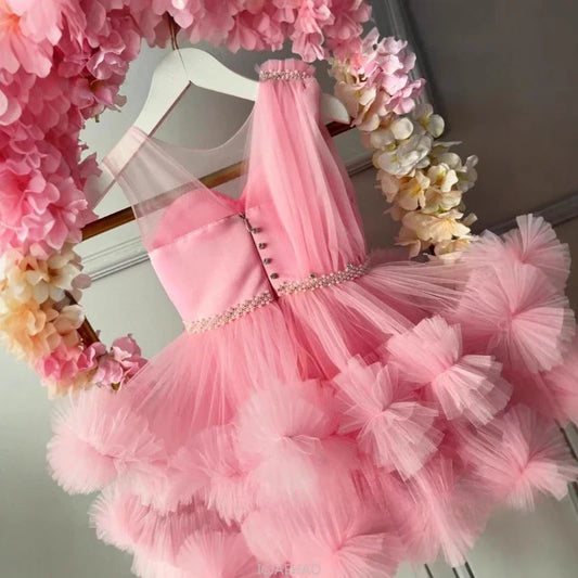 2025Pink Mädchen Sommer Hostess Prinzessin Formale Kleid Kinder Klavier Leistung Outfit Bankett Kleid Blumen Mädchen Hochzeit