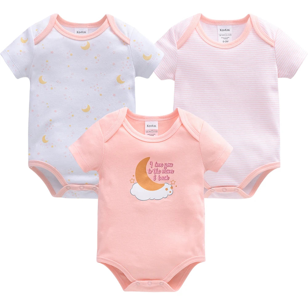 Kavkas 3-teiliges Baby-Body für 0–12 Monate, kurzärmelig, Sommer-Baumwollkleidung, cooles Print-Design, Säuglingskostüm.