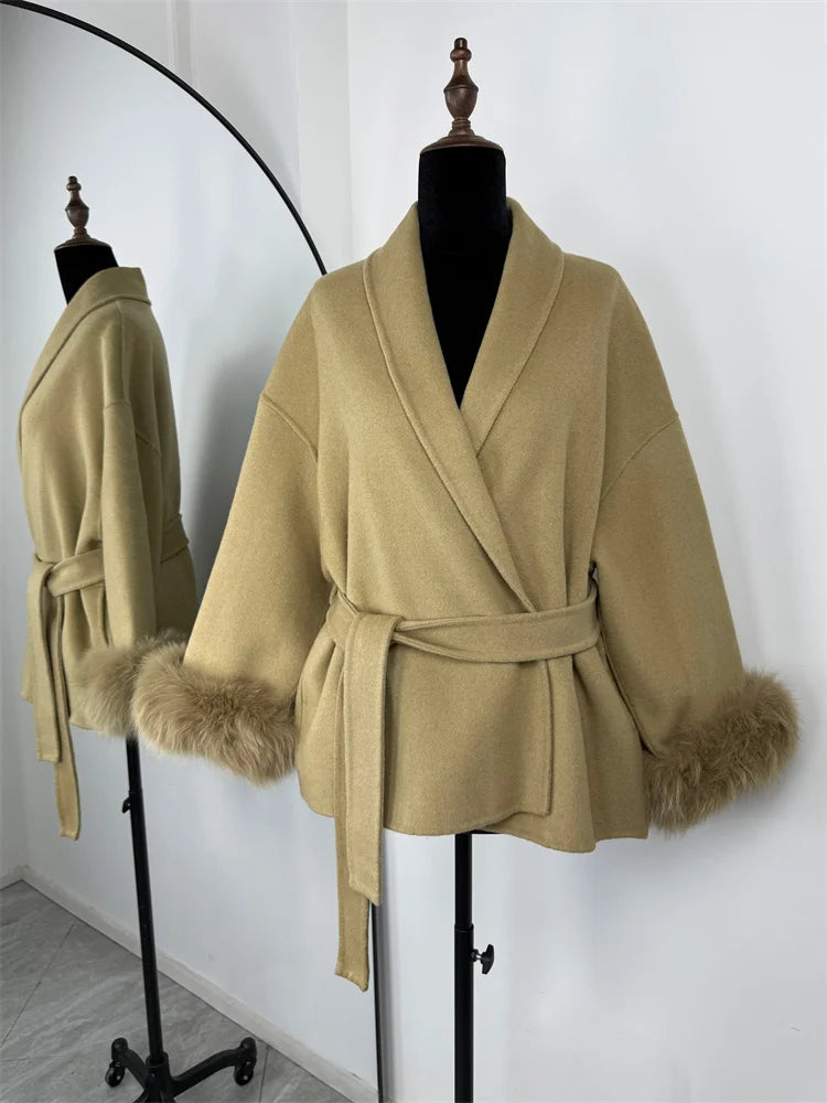 Tossy Fuchspelz-Wollmantel für Damen, kurzer Mantel, Bürodame, eleganter doppelseitiger Wollmantel, 2025, neue Strickjacke, Jacken, lockere Wolle