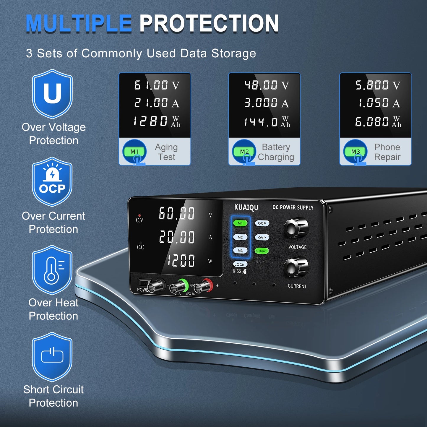 KUAIQU 3000W High Power Adjustable Bench Power Supply 1000V 300V 200V 100A 60A 30A Lab Power Supply OCP Alarm OVP Output Switch.