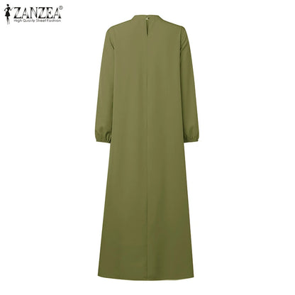 2025 Autumn Muslim Dresses Abaya ZANZEA Women Elegant Long Sleeeve Floral Dress Dubai Robe IsIamic Clothing Maxi Long Sundress.