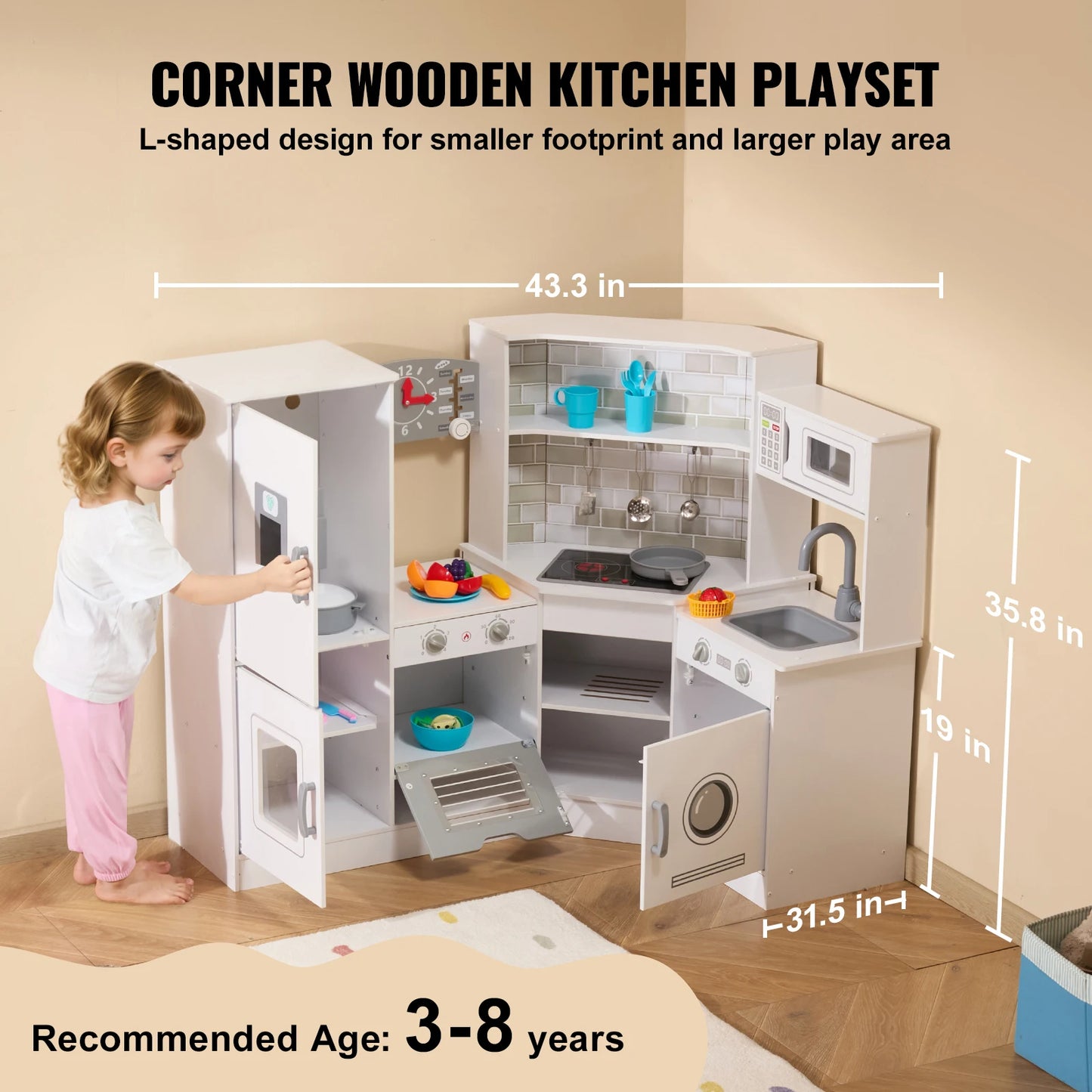 SucceBuy Corner Wooden Play KitchenToys Set Children Kitchenware toys with Lights & Sounds for Kids Preschoolers Girls Gifts.