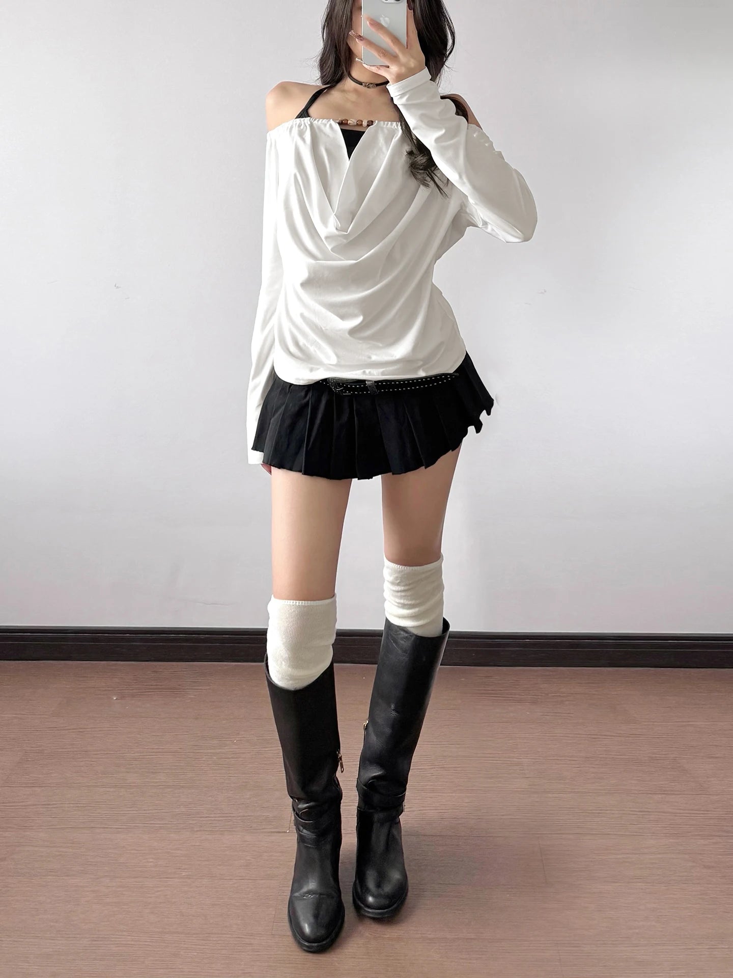 2025 Autumn Winter Women Korean Fake Two Pieces Slash Neck Top 2000s Long Sleeve T-Shirt Kpop Tees Y2k Design Coquette Gyaru New.