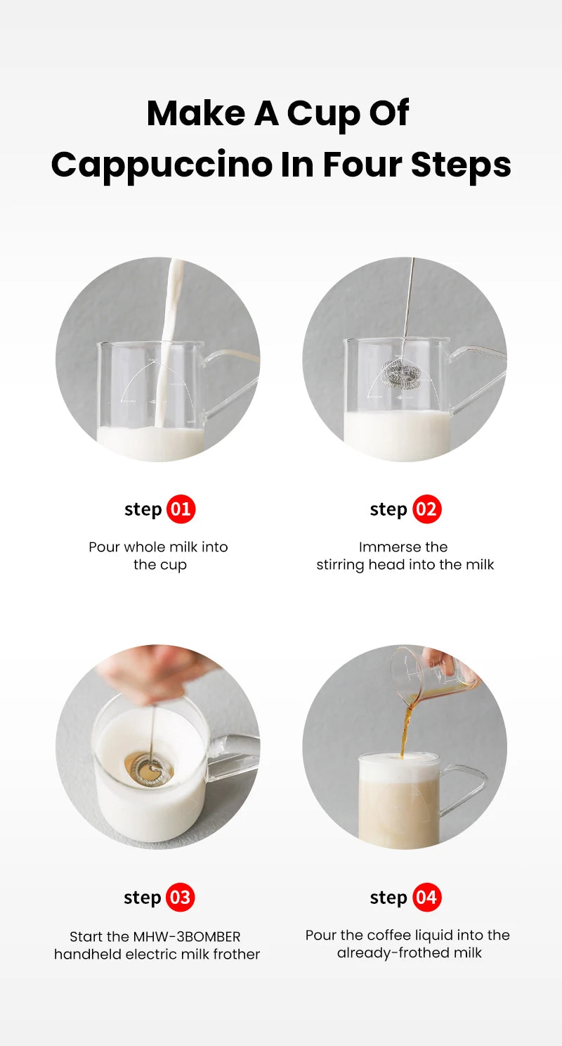 MHW-3BOMEBR Rechargeable Milk Frother Handheld Electric Foam Maker Stainless Steel Whisk Drink Mixer Foamer for Latte/Cappuccino