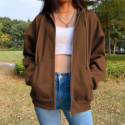 Herbst Fleece Hoodie Einfarbig Mit Kapuze Koreanische Mode Sweatshirts Langarm Top Kordelzug Taschen Lose Zipper Schwarz Hoodies